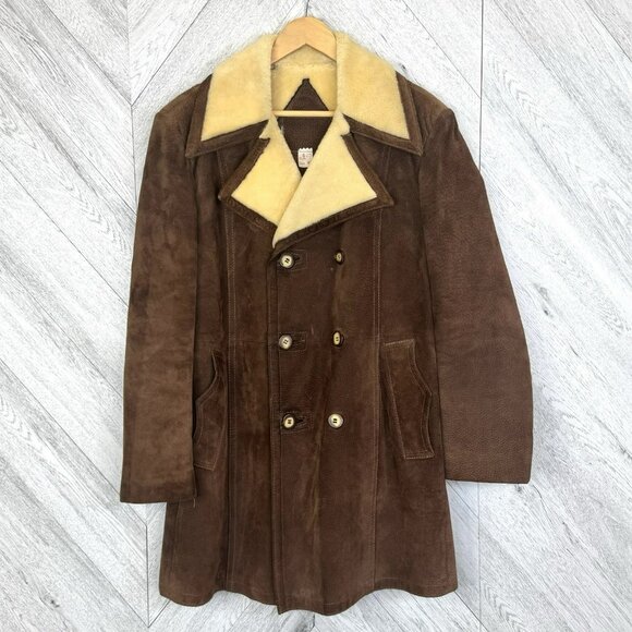 Vintage Mens Sheepskin Shearling Suede Coat Size 40 Brown Marlboro Man Ranch - Picture 1 of 7